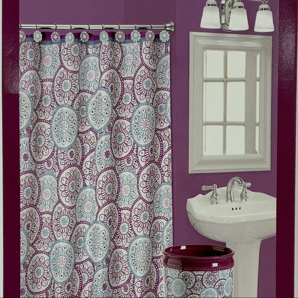 Dream Wheels Fabric Material Shower Curtain 70in X 72 in Purple Teal White - Picture 2 of 16